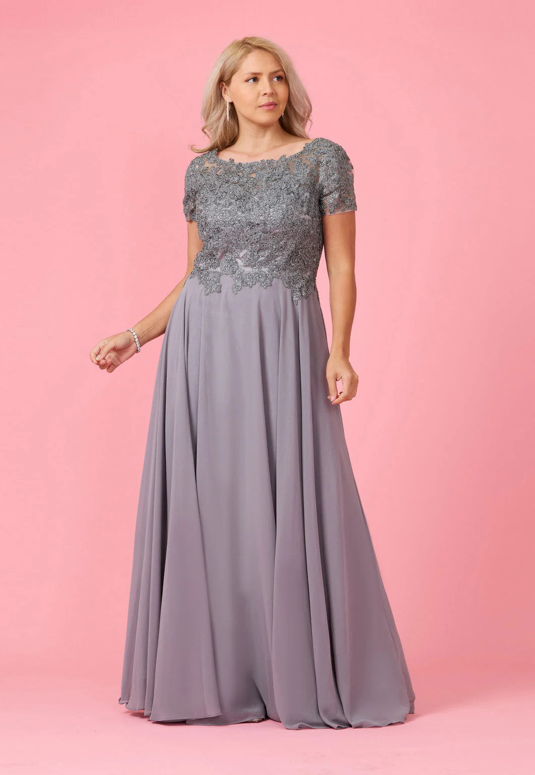 Charcoal grey Mother of the Bride dress with short lace sleeves and chiffon skirt.